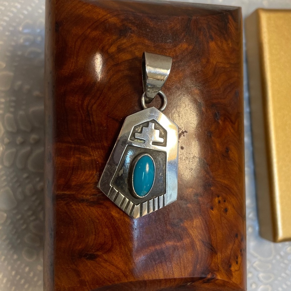 Navajo Turquoise Pendant by Everett & Mary Teller Vintage Sterling Overlay